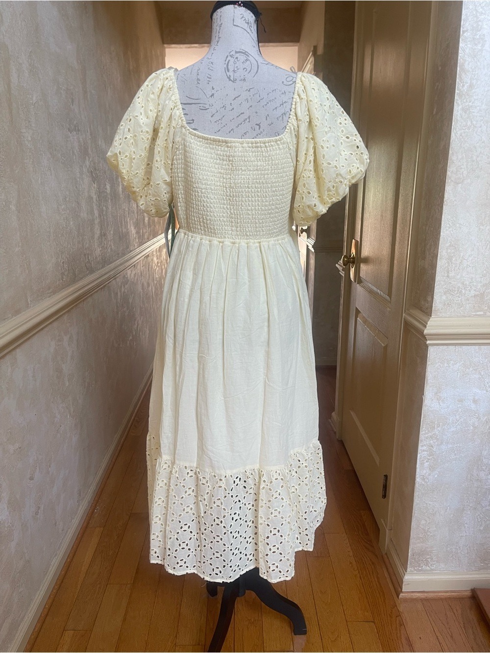 Indigo Rose Pale Yellow Eyelet Smocked Maxi Dress Petite Large Cottagecore Boho - Picture 4 of 11